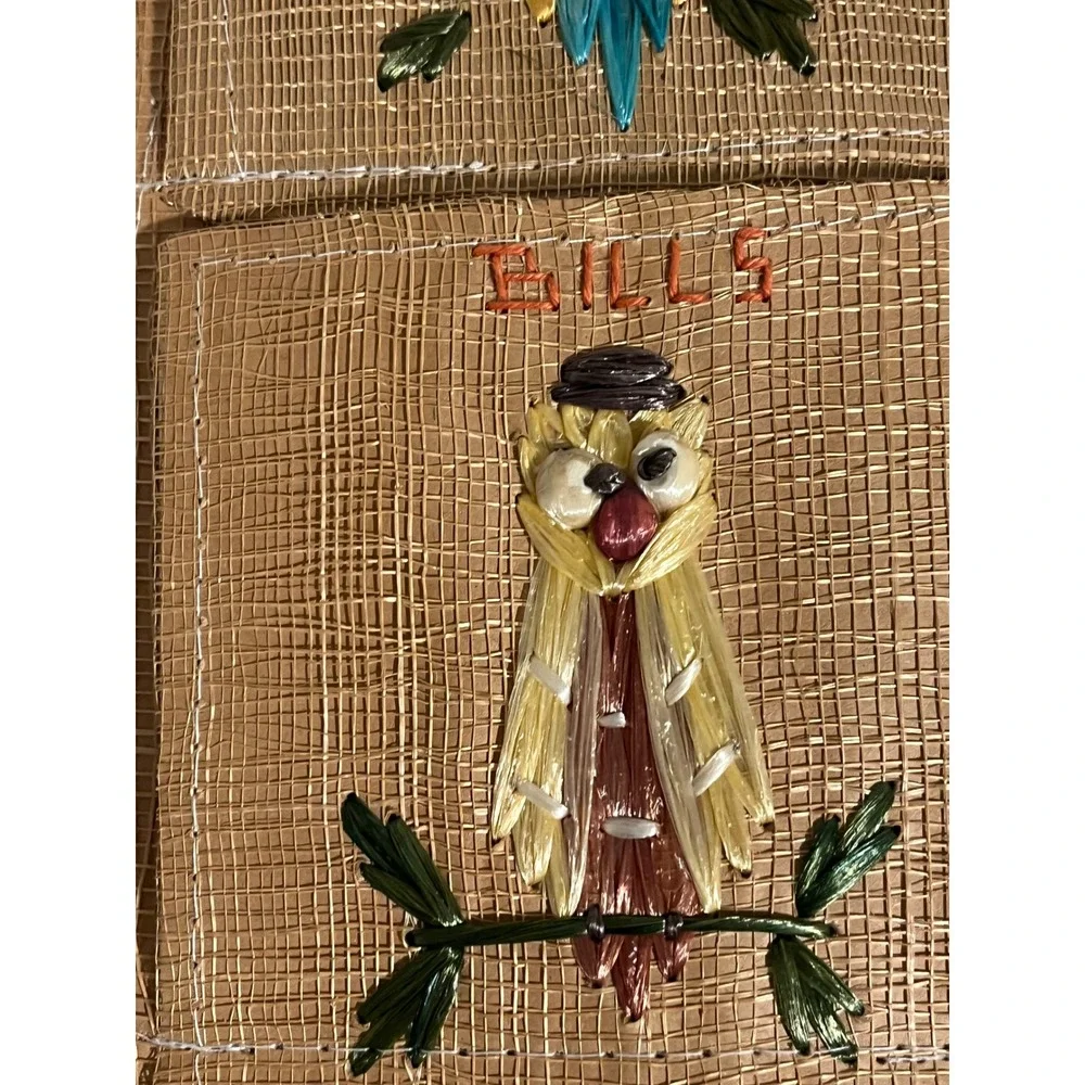 Vintage Woven Straw Owl Mail Organizer Wall Hanging 3 Pocket Raffia Boho 70s